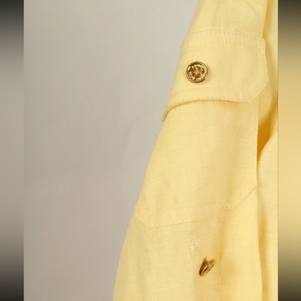 Lauren Ralph Lauren Shirt Women’s Large Yellow 100% Linen Lace Up V Neck Pockets - Picture 4 of 9